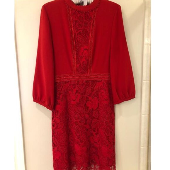 Essentiel Antwerp Vibrant Red Guipure Lace Dress - 3/4 Sleeves - Picture 2 of 5